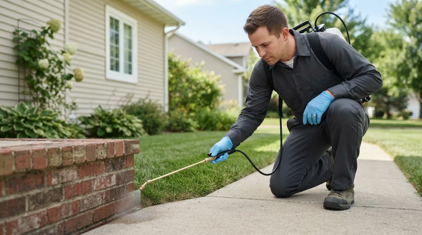 Pest control technician treating a home near Melville, NY