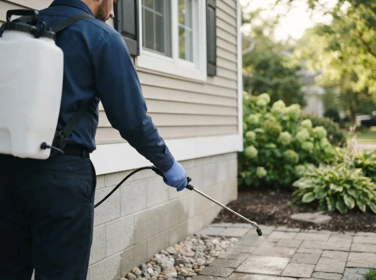 Pest control technician inspecting a home in Melville, NY
